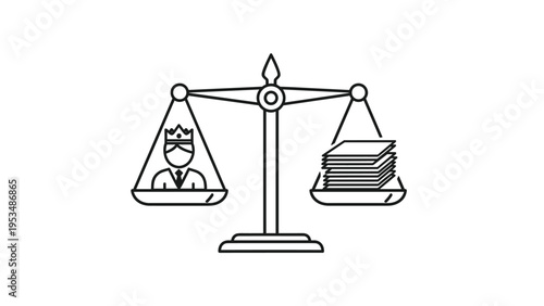 Balance scale weighing a crowned person against a stack of documents, symbolizing bureaucracy, governance, decision-making, and power vs. paperwork.