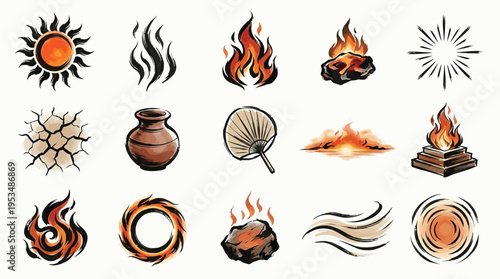 A collection of 15 stylized illustrations representing fire, heat, and related elements, including the sun, flames, embers, and a fan.