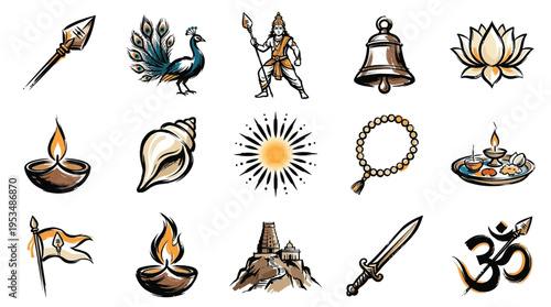 A collection of Hindu religious symbols and icons, including a deity, animals, and sacred objects, presented in a stylized illustration.
