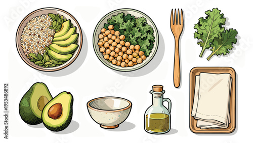 set elements various food and beverage collection featuring fresh healthy ingredients for plant-based cooking