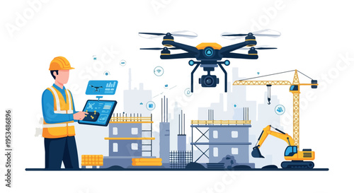 Illustration of a construction worker with a laptop and a drone flying above a cityscape with a crane and building under construction in a modern industrial setting.