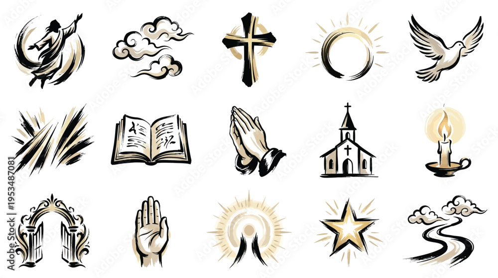 Fototapeta premium A collection of 15 religious and spiritual icons, including a dove, cross, praying hands, church, and Bible, rendered in a black and gold brushstroke style.