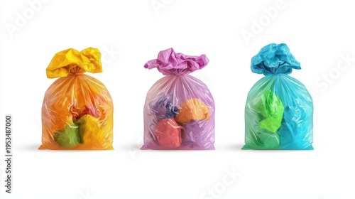 Colorful trash bags for waste disposal.