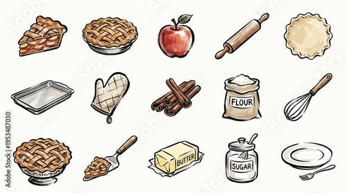 A charming collection of hand-drawn illustrations depicting various elements associated with baking a delicious apple pie, from ingredients to tools.