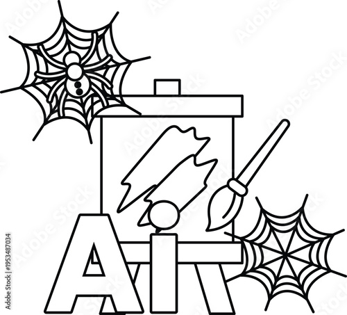 Spiders hang from webbing above a painting easel