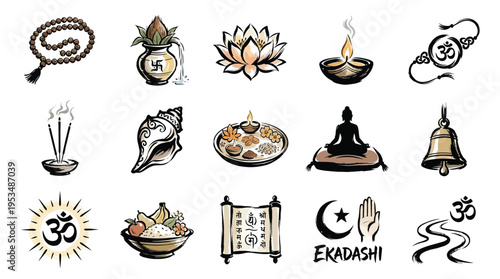 A collection of religious and cultural symbols from various faiths and traditions, including Hindu, Buddhist, and Islamic iconography.