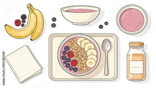 Colorful healthy breakfast collection with smoothie bowl, fresh fruits, granola, and beverage items