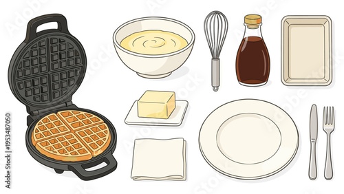 Comprehensive culinary set featuring various food and beverage items for delightful homemade waffles