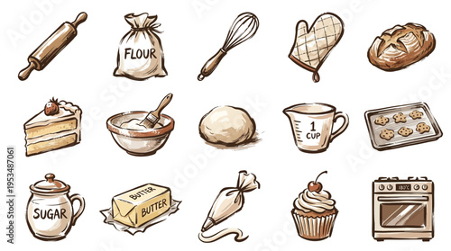 A charming collection of hand-drawn baking illustrations, featuring essential tools and delicious treats like bread, cake, and cupcakes, perfect for culinary themes.