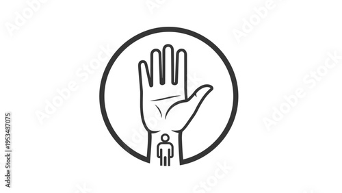 Human hand with a small person icon on the wrist, symbolizing personal identity, human connection, care, and individual support within a circle.