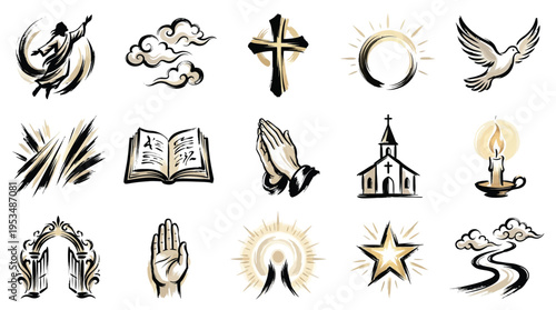 A collection of 15 religious and spiritual icons, including a dove, cross, praying hands, church, and Bible, rendered in a black and gold brushstroke style.