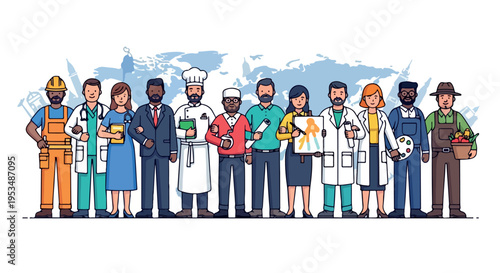 Illustration of diverse professionals standing in a row with various occupations and tools against a world map background.