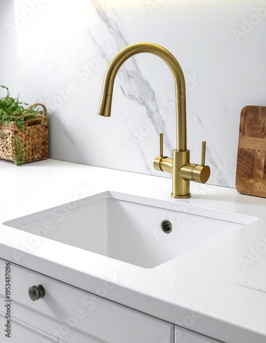 Golden faucet over white sink in a bright, modern kitchen setting