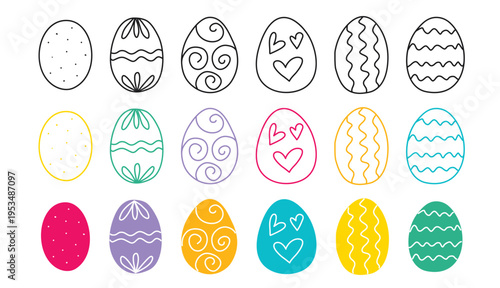 Set of cute hand drawn Easter eggs. Bright colorful painted eggs. Symbol of spring holiday clip art collection, vector elements