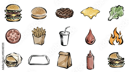 A collection of watercolor illustrations depicting various elements of a classic American hamburger meal, including the burger itself, fries, and a drink.