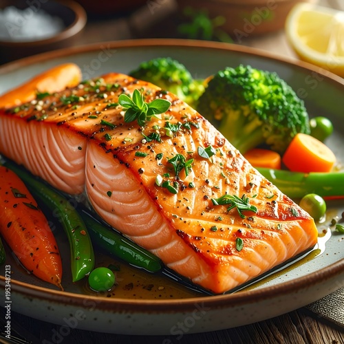 Grilled salmon fillet with roasted vegetables