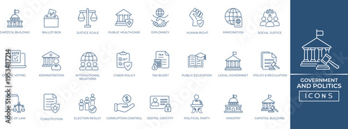 Government and Politics line icon set for democracy, voting, election, legislation, diplomacy, authority, civil rights, and law symbols. Perfect line icon collection.