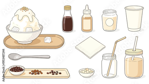 Food and beverage elements collection delicious shaved ice, bubble tea, sweet dessert items