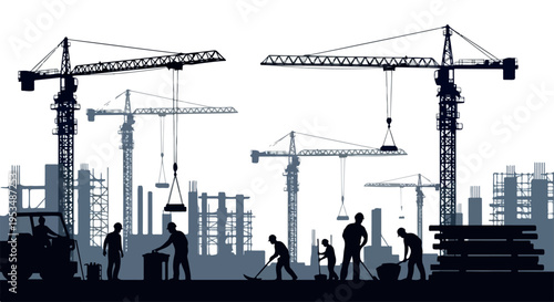 Silhouette of construction workers laboring with cranes and buildings in an urban development site against a white background.