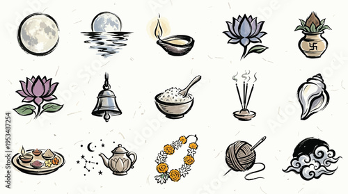 A collection of hand-drawn icons representing various elements of Hindu culture and religious practices, including celestial bodies, lamps, flowers, and ritualistic items.