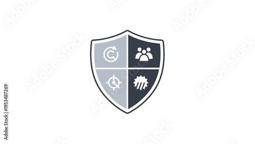 Shield with four icons representing business principles: refresh, team, efficiency, and innovation, symbolizing comprehensive corporate strategy.