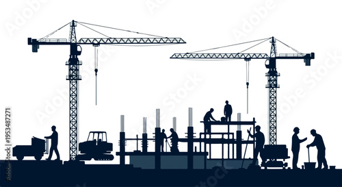 Silhouette of construction workers laboring on a building site with cranes and equipment against a white background.