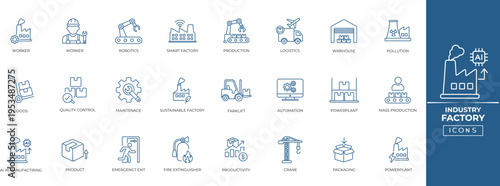 Factory and industrial production line icon set. Distribution, Machinery, Engineering, Logistic, Maintenance, Warehouse logistics, automation and more. Outline icon collection