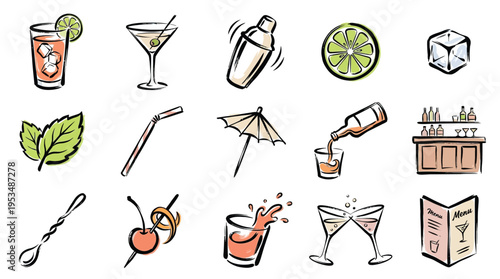 A collection of hand-drawn illustrations depicting various bar and cocktail elements, including drinks, tools, and garnishes.