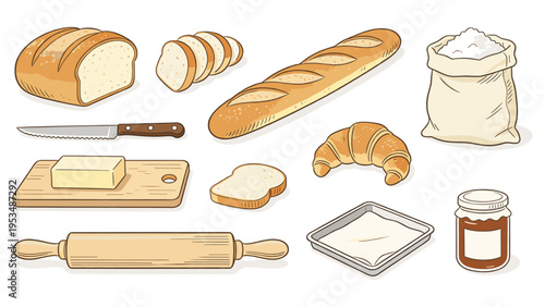 A set elements various food and beverage collection featuring freshly baked bread, pastries, and essential baking ingredients illustration
