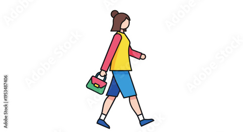 Woman walking with bag and lunchbox.