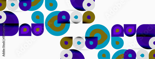 Abstract pattern features overlapping circles, varying sizes, colors. Design evokes midcentury modern aesthetic, playful composition.