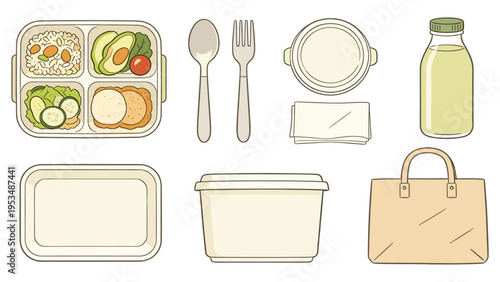 set elements various food and beverage collection featuring eco-friendly meal prep, takeout containers, and cutlery