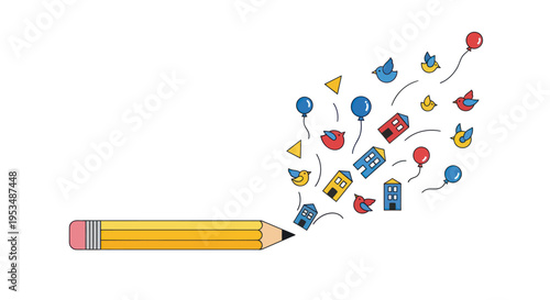 Colorful pencil with creative idea bubbles.