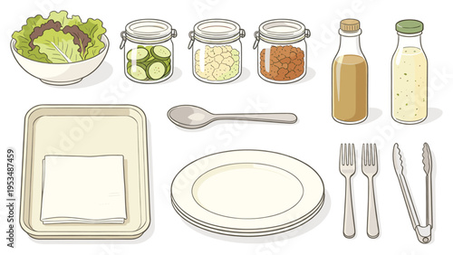 set elements various food and beverage collection featuring fresh salad, condiments, dinnerware, and utensils