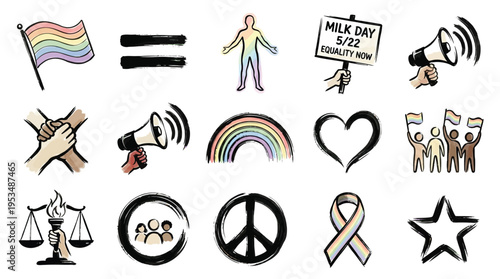 A collection of diverse icons representing social justice, equality, and human rights, including a rainbow flag, peace sign, and protest symbols.