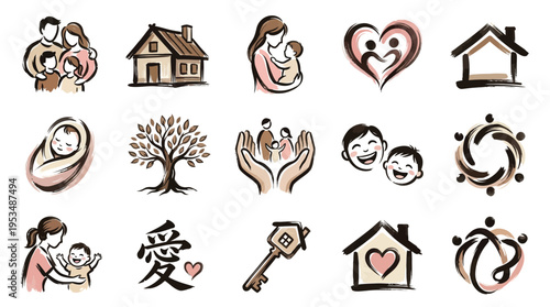 A collection of hand-drawn icons representing family, home, love, and community, with a warm, earthy color palette.