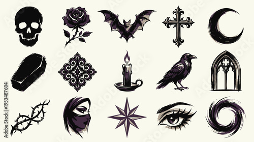 A collection of gothic-themed graphic elements including a skull, rose, bat, cross, moon, coffin, raven, and more.