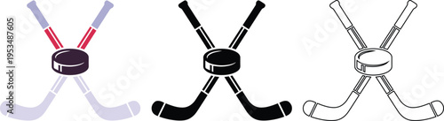Ice Hockey Sticks and Puck Icon Set in Color Black and Outline Style