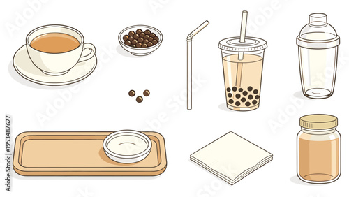 A comprehensive isometric collection featuring various food and beverage preparation set elements, including bubble tea ingredients and hot drink accessories