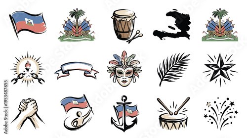 Collection of Haitian cultural symbols and icons, including flags, maps, musical instruments, and festive elements.