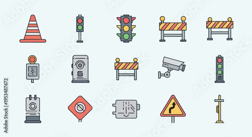 Road construction warning signs and symbols.