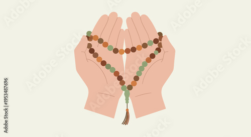 Hands holding prayer beads together.
