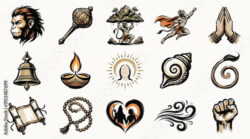 A collection of 15 diverse Hindu religious and cultural icons, including deities, symbols, and objects, presented in a stylized, illustrative format.