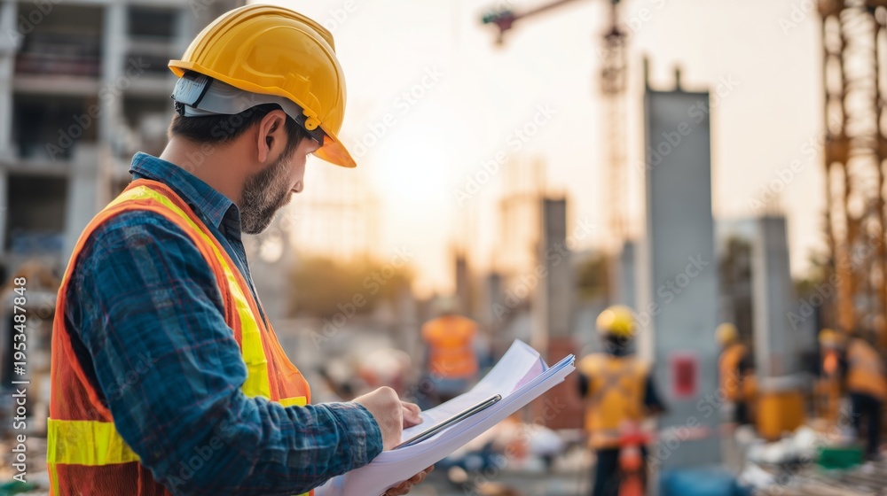 Fototapeta premium Engineer reviewing architectural plans overseeing workers on a construction site with copy space