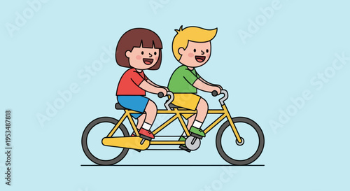 Two children riding tandem bicycle.
