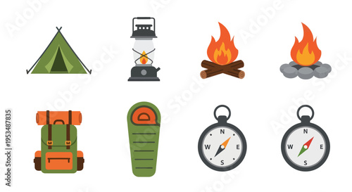 Camping gear and outdoor equipment icons.