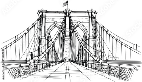 Hand-drawn Brooklyn Bridge vector illustration, detailed New York landmark sketch