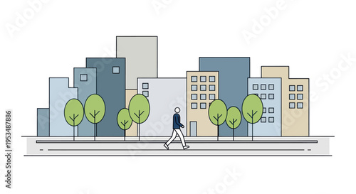 Man Walking on City Street Sidewalk.