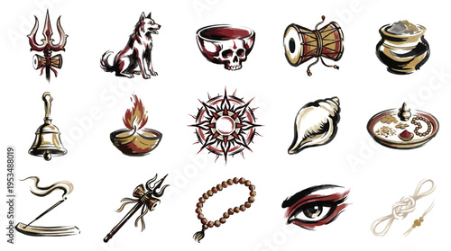 A collection of artistic illustrations depicting various religious and cultural symbols, including deities, ritual objects, and spiritual iconography.