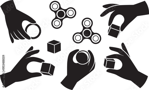Hands holding fidget spinners and cubes on transparent background